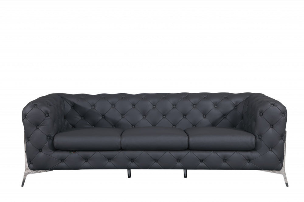 HomeRoots 93" Italian Leather Chesterfield Sofa – Elegant Design with Silver Legs for Luxurious Comfort & Style DARK GRAY 476529
