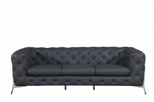 Homeroots 93" Dark Gray Italian Leather Chesterfield Sofa With Silver Legs Dark Grey  476529