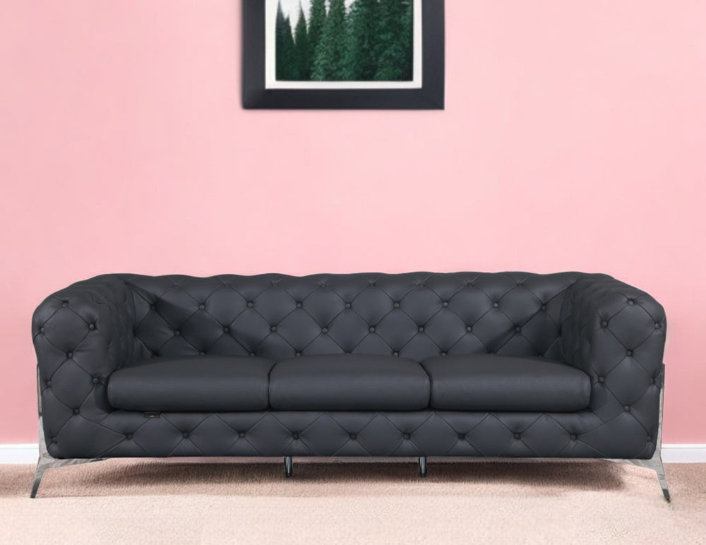 HomeRoots 93" Italian Leather Chesterfield Sofa – Elegant Design with Silver Legs for Luxurious Comfort & Style DARK GRAY 476529