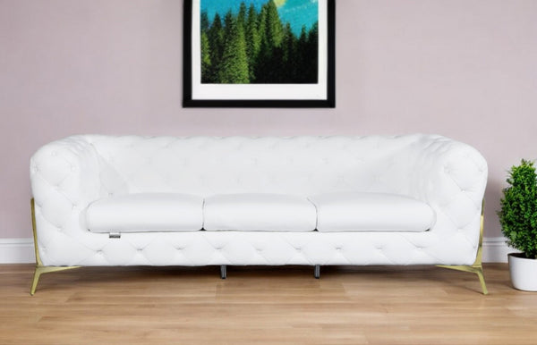 Homeroots 93" White Italian Leather Chesterfield Sofa With Silver Legs White  476530