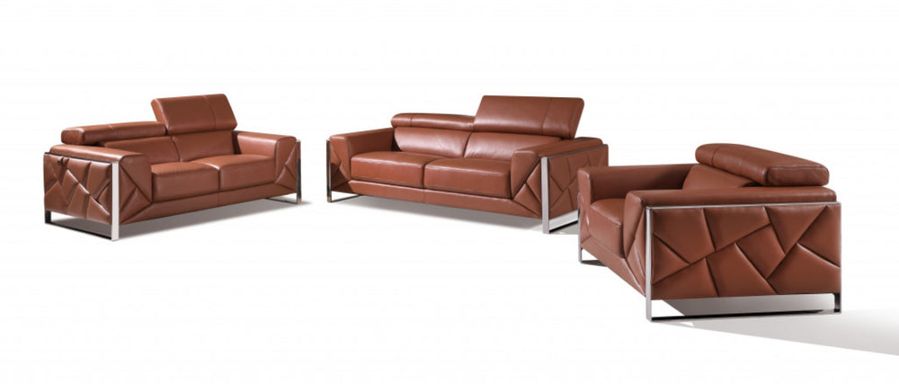 HomeRoots Three Piece Camel Italian Leather Seating Set for 6 – Luxurious Comfort & Stylish Design, Ready to Enjoy! 476540