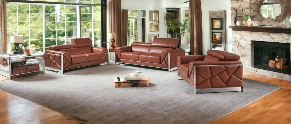 HomeRoots Three Piece Camel Italian Leather Seating Set for 6 – Luxurious Comfort & Stylish Design, Ready to Enjoy! 476540