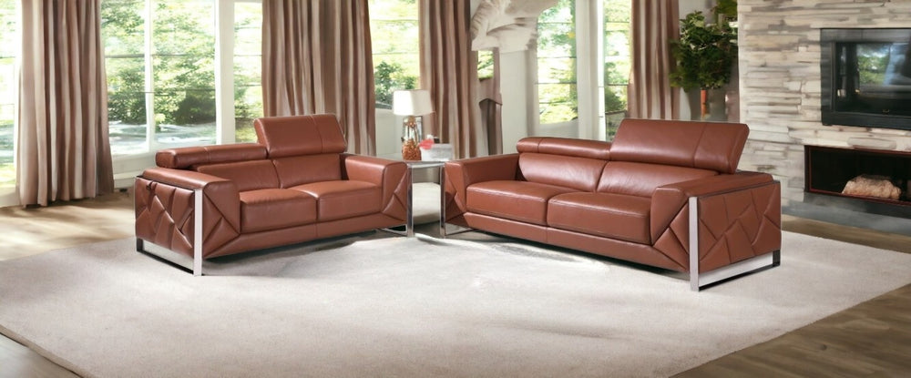 HomeRoots Two Piece Indoor Camel Italian Leather Seating Set for Five - Comfort & Style in Your Home 476541