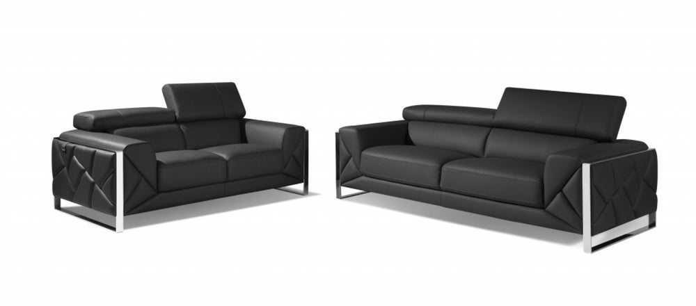 HomeRoots Two Piece Dark Gray Italian Leather Seating Set for 5 – Luxurious Sofa & Loveseat for Any Space 476543