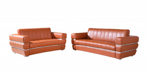 HomeRoots Two Piece Camel Italian Leather Seating Set for 5 - Stylish Sofa & Loveseat for Modern Living Rooms 476549