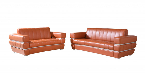 HomeRoots Two Piece Camel Italian Leather Seating Set for 5 - Stylish Sofa & Loveseat for Modern Living Rooms 476549