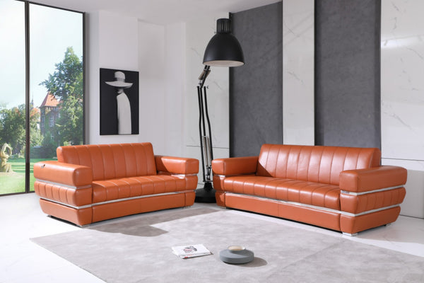 HomeRoots Two Piece Camel Italian Leather Seating Set for 5 - Stylish Sofa & Loveseat for Modern Living Rooms 476549