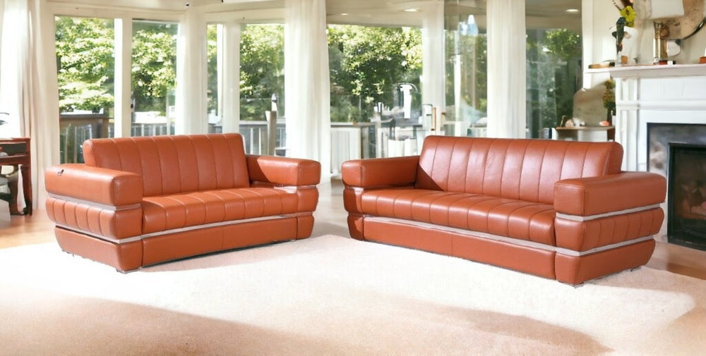 HomeRoots Two Piece Camel Italian Leather Seating Set for 5 - Stylish Sofa & Loveseat for Modern Living Rooms 476549