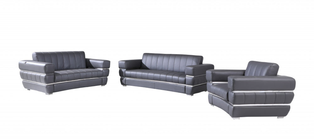 HomeRoots Three Piece Indoor Dark Gray Italian Leather Seating Set for 6 - Luxurious Comfort & Style 476550