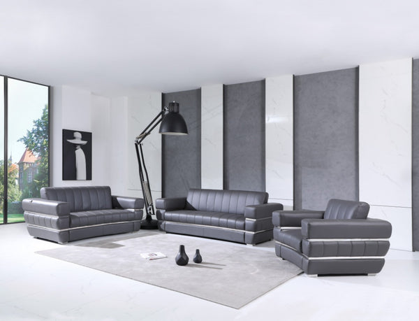 Homeroots Three Piece Indoor Italian Leather Seating Set For Six – Luxurious Comfort & Stylish Design Dark Grey  476550