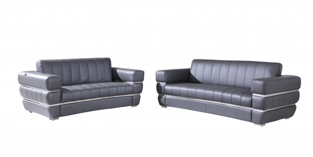 HomeRoots Two Piece Dark Gray Italian Leather Seating Set for 5 - Modern Comfort with Silver Metal Legs 476551