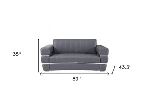 HomeRoots Two Piece Dark Gray Italian Leather Seating Set for 5 - Modern Comfort with Silver Metal Legs 476551
