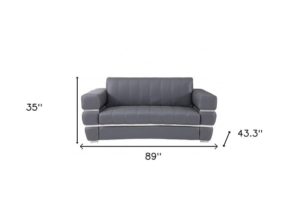 HomeRoots Two Piece Dark Gray Italian Leather Seating Set for 5 - Modern Comfort with Silver Metal Legs 476551