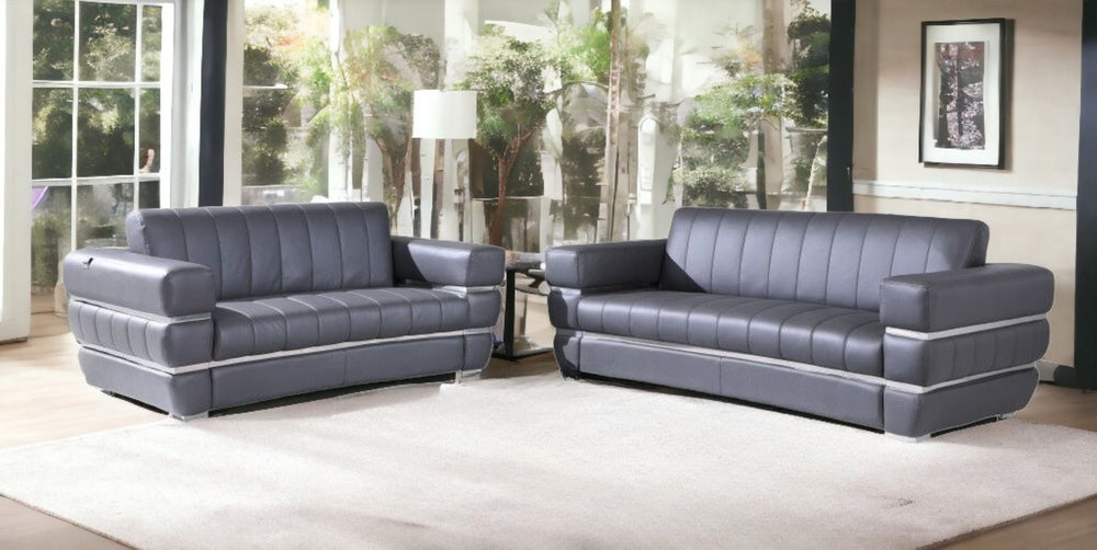 HomeRoots Two Piece Dark Gray Italian Leather Seating Set for 5 - Modern Comfort with Silver Metal Legs 476551