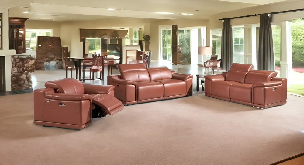 HomeRoots Three Piece Indoor Camel Italian Leather Seating Set - Luxurious Comfort for 6 with Power Recline 476554