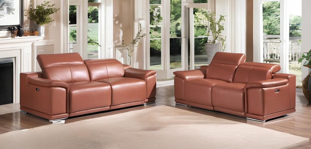 HomeRoots Two Piece Indoor Camel Italian Leather Reclining Seating Set for Five - Luxurious Comfort & Style 476555