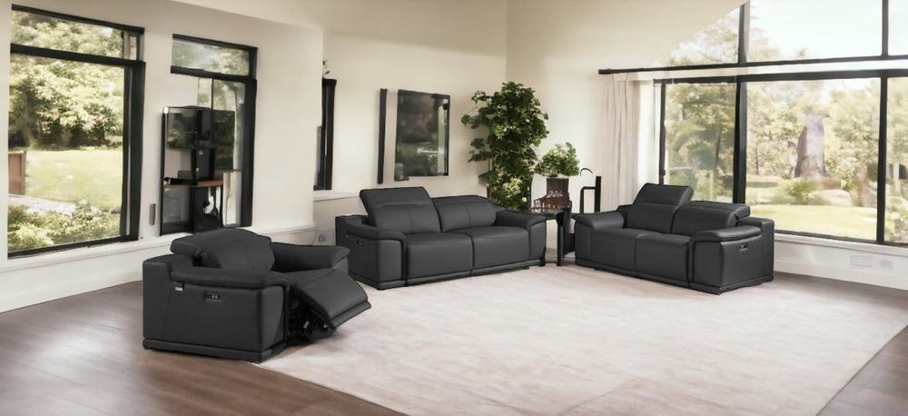 HomeRoots Three Piece Luxurious Dark Gray Italian Leather Seating Set for Comfort & Style - Seats 6! 476556
