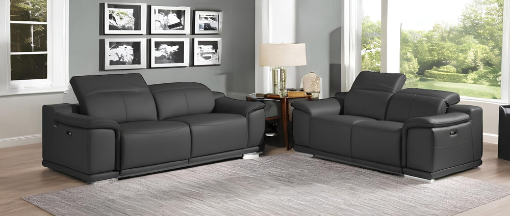 HomeRoots Two Piece Dark Gray Italian Leather Power Reclining Seating Set for 5 - Stylish Comfort & Durability 476557