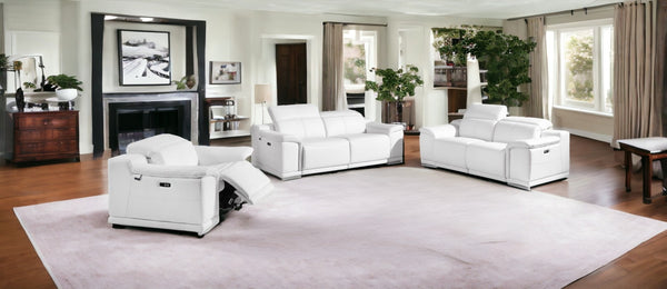 HomeRoots Three Piece Indoor White Italian Leather Seating Set - Power Reclining Sofa, Loveseat, Chair 476558