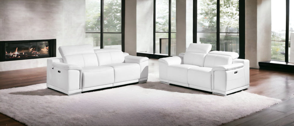 HomeRoots Two Piece Indoor White Italian Leather Seating Set for 5 - Power Reclining Comfort & Modern Style 476559
