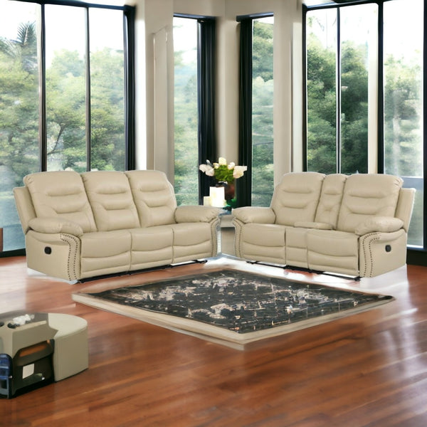 Homeroots Two Piece Indoor Beige Italian Leather Five Person Seating Set Beige  476560