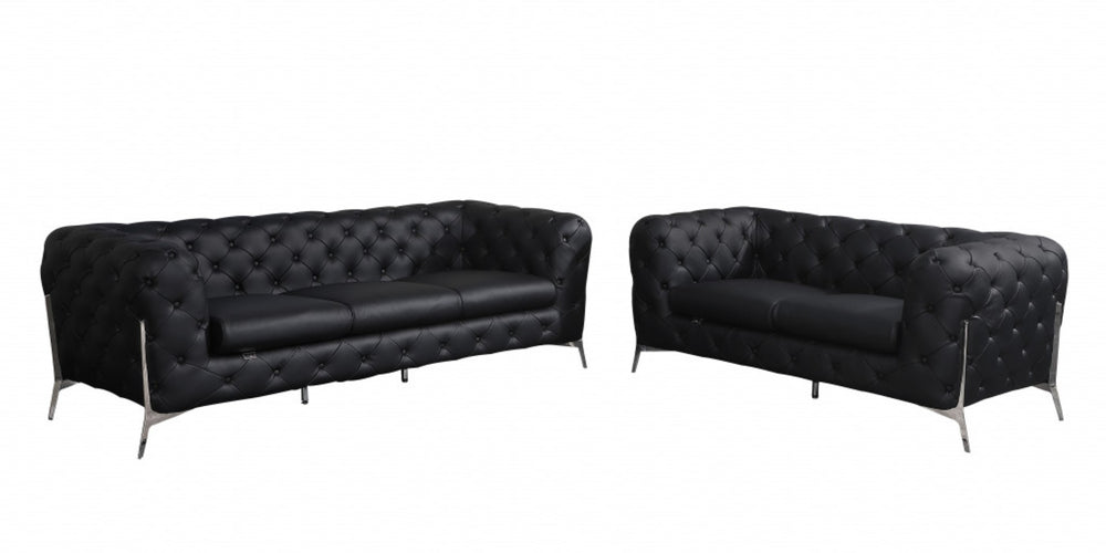 HomeRoots Two Piece Indoor Black Italian Leather Seating Set - Luxurious Sofa & Loveseat for Modern Elegance 476561