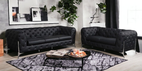 HomeRoots Two Piece Indoor Black Italian Leather Seating Set - Luxurious Sofa & Loveseat for Modern Elegance 476561