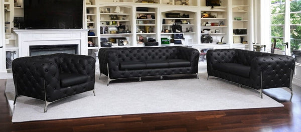 HomeRoots Three Piece Indoor Black Italian Leather Seating Set for 6 - Elegant, Comfortable & Durable Design 476562