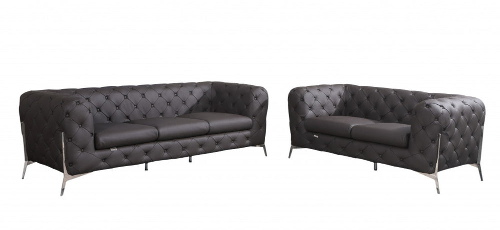HomeRoots Two Piece Indoor Brown Italian Leather Sofa and Loveseat Set - Luxurious Comfort for Five People 476563