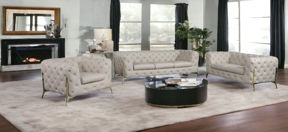 HomeRoots Three Piece Indoor Seating Set – Luxurious Beige Italian Leather for Six, Elegant Comfort & Style 476566