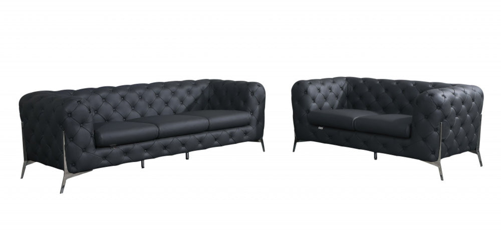 HomeRoots Two Piece Indoor Dark Gray Italian Leather Seating Set for 5 - Luxurious Comfort & Modern Design 476567