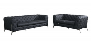 Homeroots Three Piece Indoor Italian Leather Seating Set For Six – Luxurious Comfort & Stylish Design Dark Grey  476567