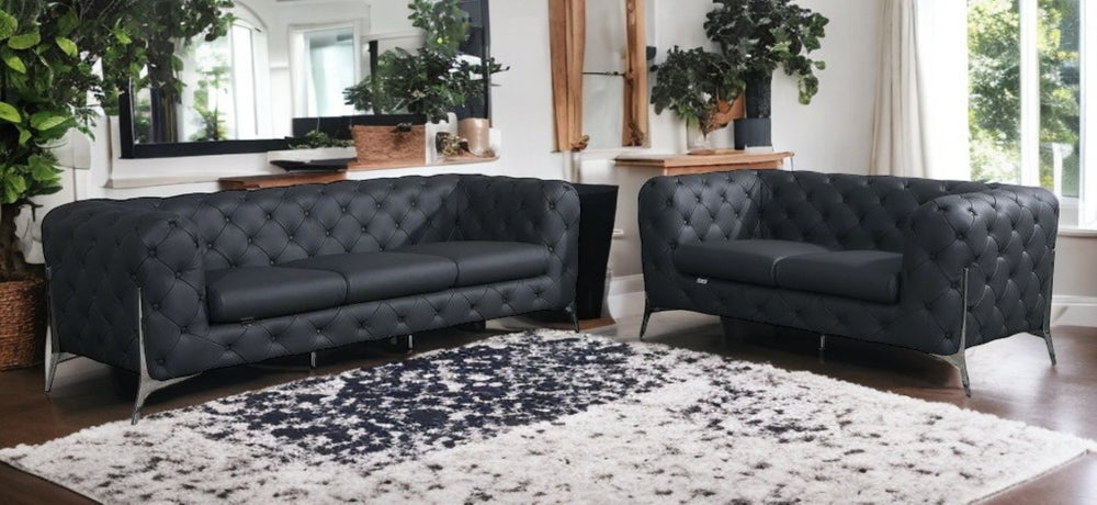 HomeRoots Two Piece Indoor Dark Gray Italian Leather Seating Set for 5 - Luxurious Comfort & Modern Design 476567