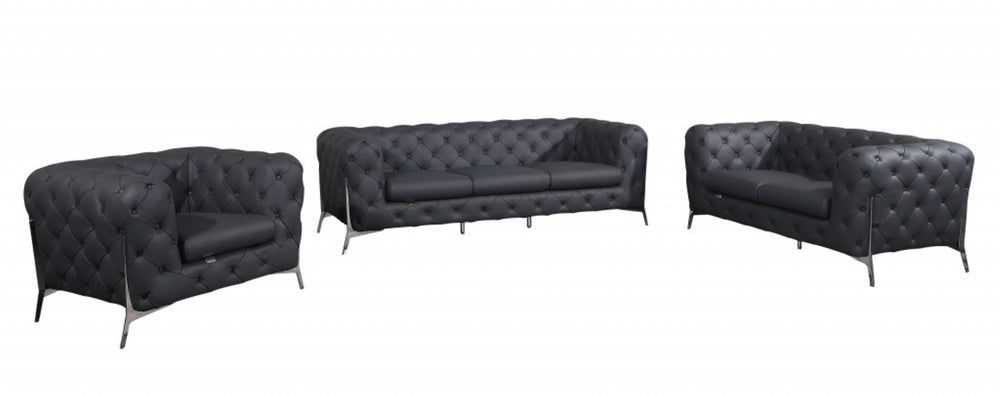 HomeRoots Three Piece Indoor Dark Gray Italian Leather Seating Set – Luxurious Comfort for Up to Six People 476568