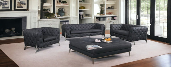 HomeRoots Three Piece Indoor Dark Gray Italian Leather Seating Set – Luxurious Comfort for Up to Six People 476568
