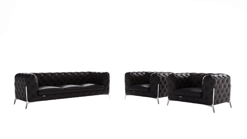 HomeRoots Three Piece Indoor Black Italian Leather Seating Set - Luxurious Comfort for 5, Stylish & Durable! 476571