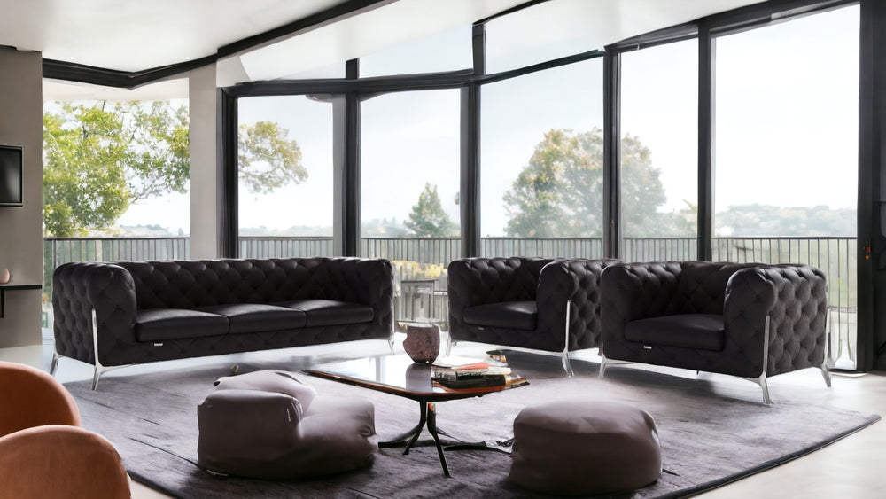 HomeRoots Three Piece Indoor Black Italian Leather Seating Set - Luxurious Comfort for 5, Stylish & Durable! 476571