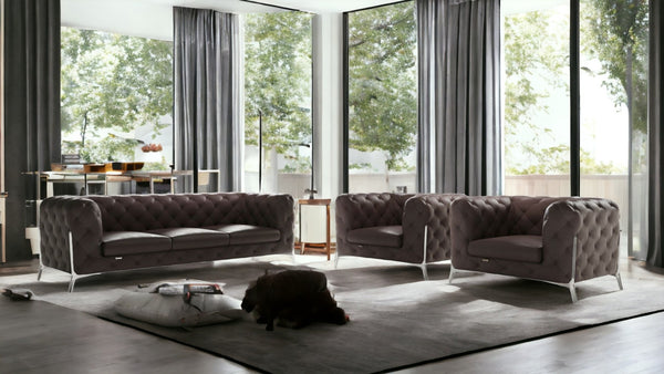 HomeRoots Three Piece Indoor Brown Italian Leather Seating Set for Five - Luxurious, Modern Comfort & Style 476572