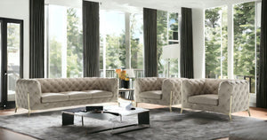 HomeRoots Three Piece Indoor Beige Italian Leather Seating Set - Elegant Comfort for Five with Gold Legs 476574