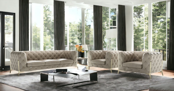 HomeRoots Three Piece Indoor Beige Italian Leather Seating Set - Elegant Comfort for Five with Gold Legs 476574