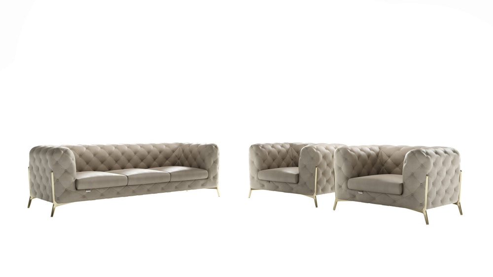 HomeRoots Three Piece Indoor Beige Italian Leather Seating Set - Elegant Comfort for Five with Gold Legs 476574
