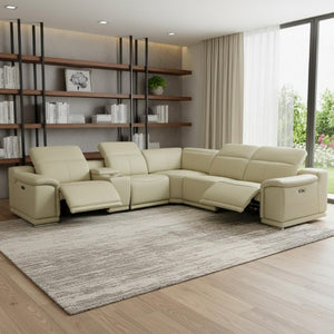 Beige Italian Leather Power Reclining Sectional Six Piece U Shape with Storage Console