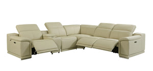 HomeRoots Beige Italian Leather Power Reclining Sectional Six Piece U Shape with Storage Console 476587