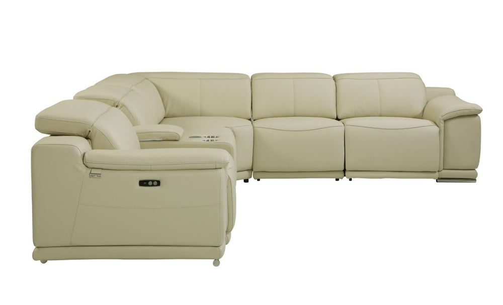 HomeRoots Beige Italian Leather Power Reclining Sectional Six Piece U Shape with Storage Console 476587