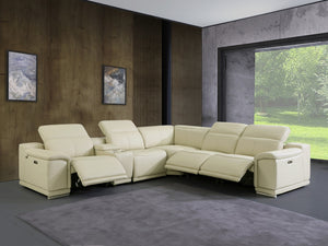 Homeroots Beige Italian Leather Power Reclining U Shaped Six Piece Corner Sectional With Console Beige  476587