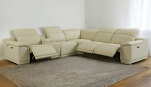 Homeroots Beige Italian Leather Power Reclining U Shaped Six Piece Corner Sectional With Console Beige  476587