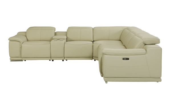 Homeroots Beige Italian Leather Power Reclining U Shaped Six Piece Corner Sectional With Console Beige  476587