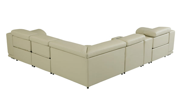 Homeroots Beige Italian Leather Power Reclining U Shaped Six Piece Corner Sectional With Console Beige  476587