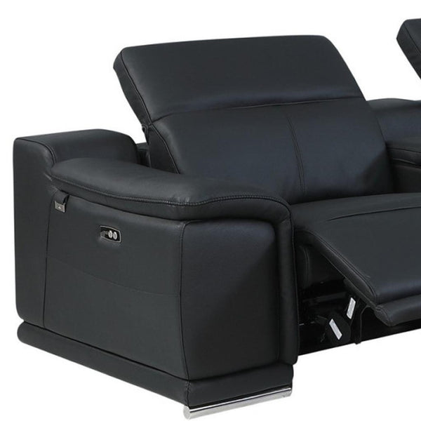 HomeRoots Black Italian Leather Power Reclining U-Shaped Sectional Sofa with Console for Ultimate Comfort Black 476588
