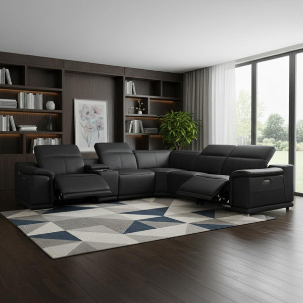 HomeRoots Black Italian Leather Power Reclining U-Shaped Sectional Sofa with Console for Ultimate Comfort Black 476588